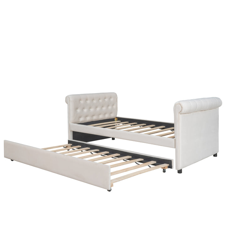 Twin Size Upholstered daybed with Trundle  Wood Slat Support  Beige