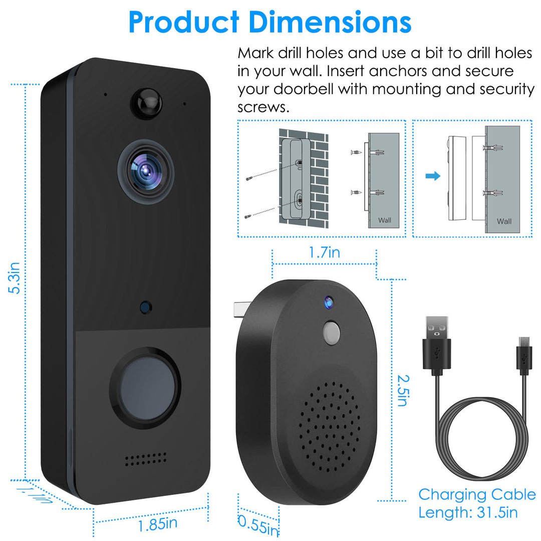 Wireless Smart WiFi Video Doorbell Security Phone Door Ring Intercom Camera Two Way Audio Night Vision 720P Motion Detection Battery Operated