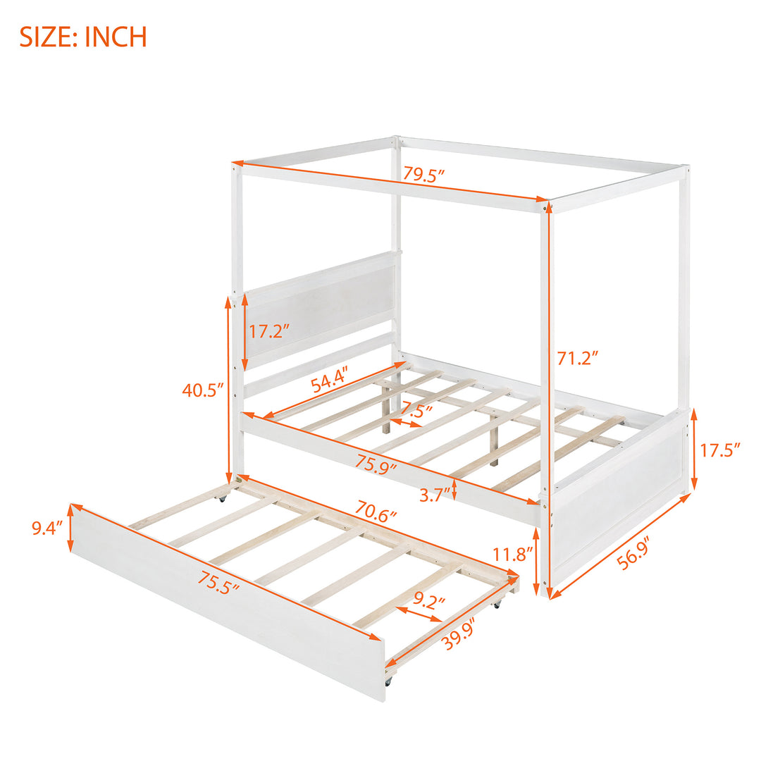 Wood Canopy Bed with Trundle Bed Full Size Canopy Platform bed With Support Slats No Box Spring Needed