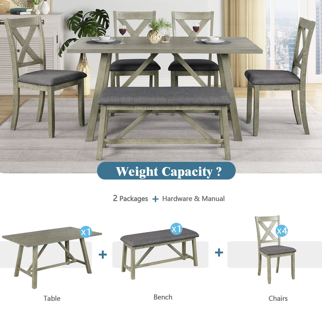 6 Piece Dining Table Set Wood Dining Table and chair Kitchen Table Set with Table  Bench and 4 Chairs