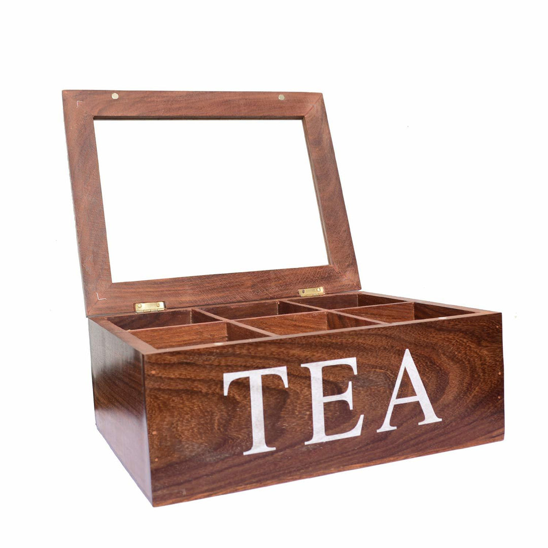 WILLART Wooden Rectangular Tea Storage Chest Box with 6 Compartments (Brown, Sheesham Wood)