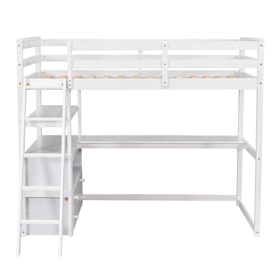 Twin Size Loft Bed with Desk and Shelves,  Two Built-in Drawers