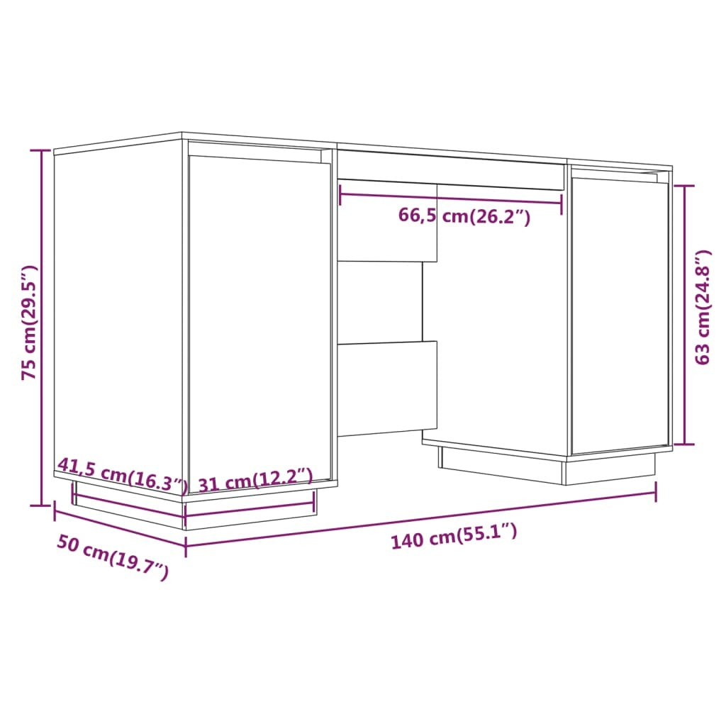 Desk White 55.1"x19.7"x29.5" Solid Wood Pine