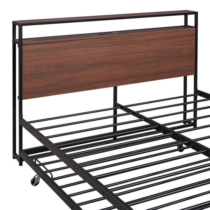 Full Size Metal Platform Bed Frame with Trundle, USB Ports and Slat Support, No Box Spring Needed Black