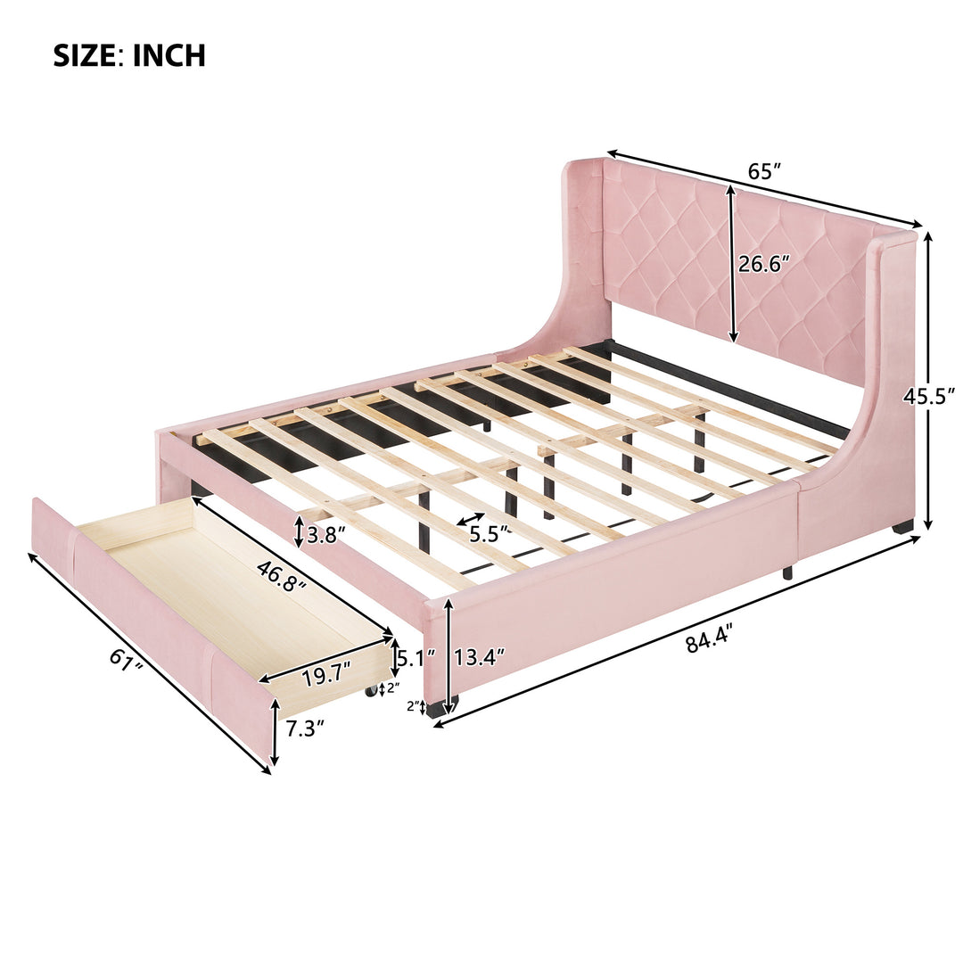 Queen Size Storage Bed Velvet Upholstered Platform Bed with Wingback Headboard and a Big Drawer