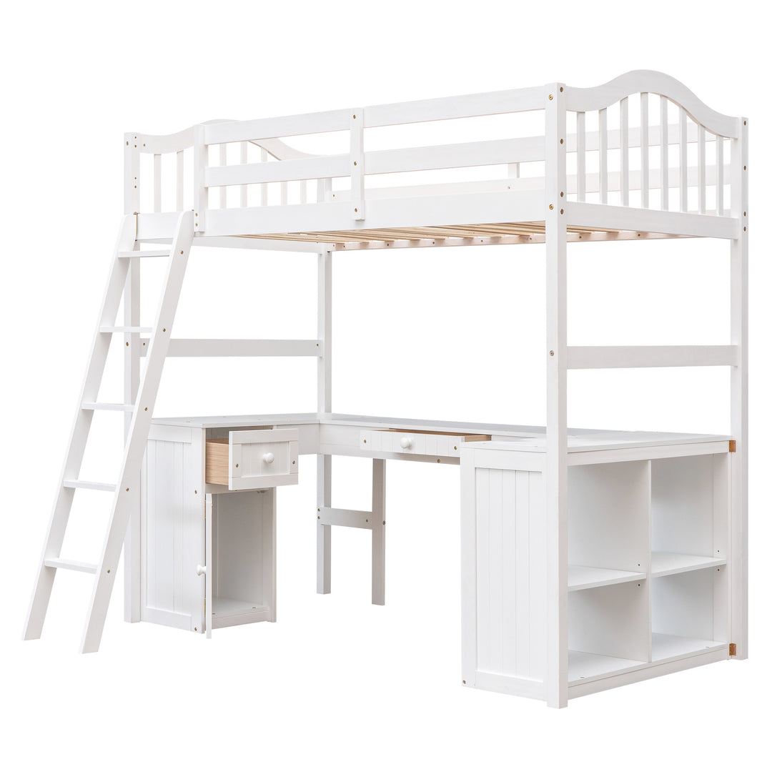 Twin size Loft Bed with Drawers,  Cabinet,  Shelves and Desk,  Wooden Loft Bed with Desk