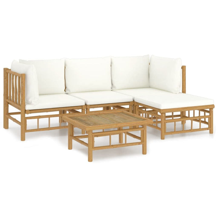 5 Piece Patio Lounge Set with Cream White Cushions Bamboo