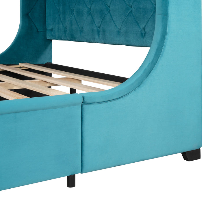 Queen Size Storage Bed Velvet Upholstered Platform Bed with Wingback Headboard and a Big Drawer