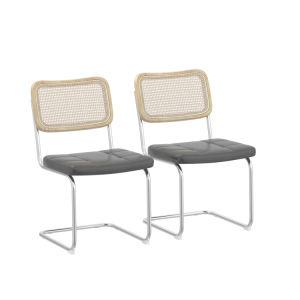 Leather Dining Chair with High-Density Sponge,  Rattan Chair Set of 2