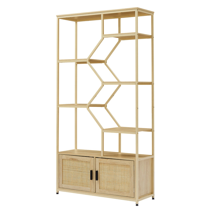 Rattan Bookshelf 5 Tiers Bookcases Storage Rack with Cabinet