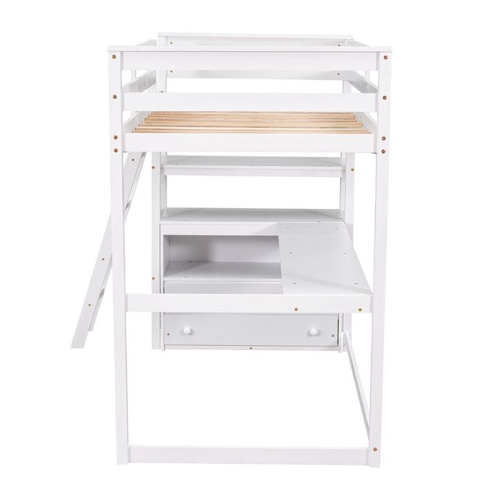 Twin Size Loft Bed with Desk and Shelves,  Two Built-in Drawers