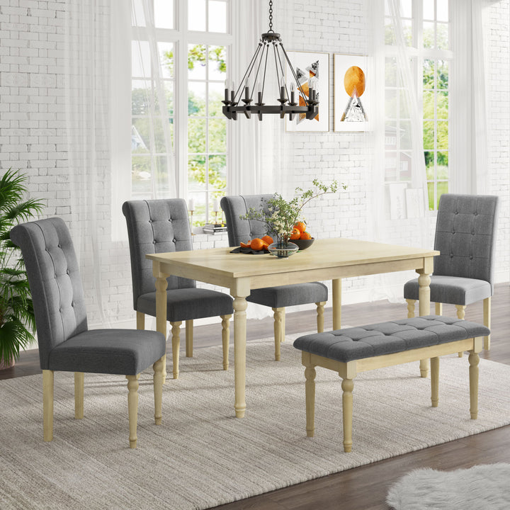 6 Piece Dining Table set with Bench, Wooden Kitchen Table Set with 4 Padded Dining Chairs