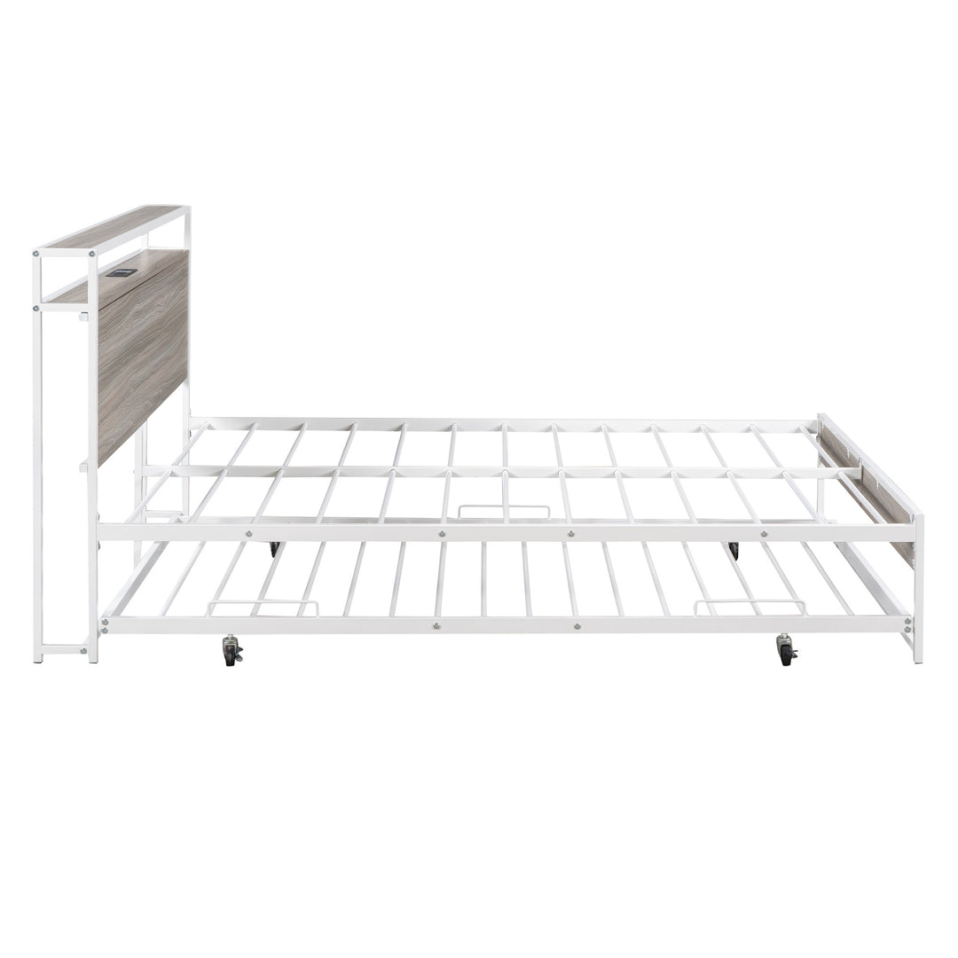 Full Size Metal Platform Bed Frame with Trundle; USB Ports and Slat Support, No Box Spring Needed