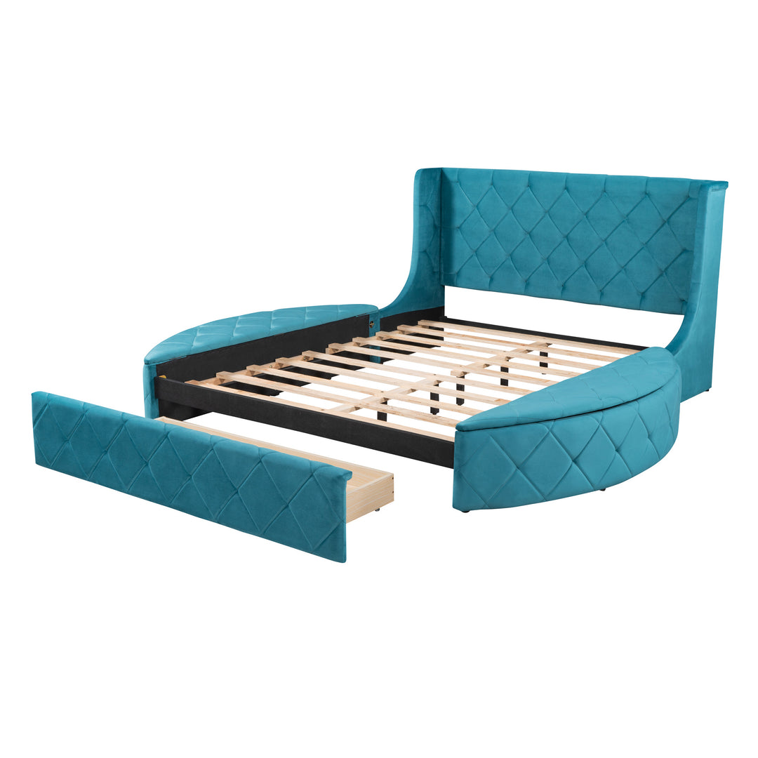 Upholstered Platform Bed Queen Size Storage Velvet Bed with Wingback Headboard and 1 Big Drawer 2 Side Storage Stool