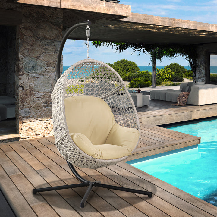 Large Hanging Egg Chair with Stand and UV Resistant Cushion Hammock Chairs with C-Stand for Outdoor Indoor Space