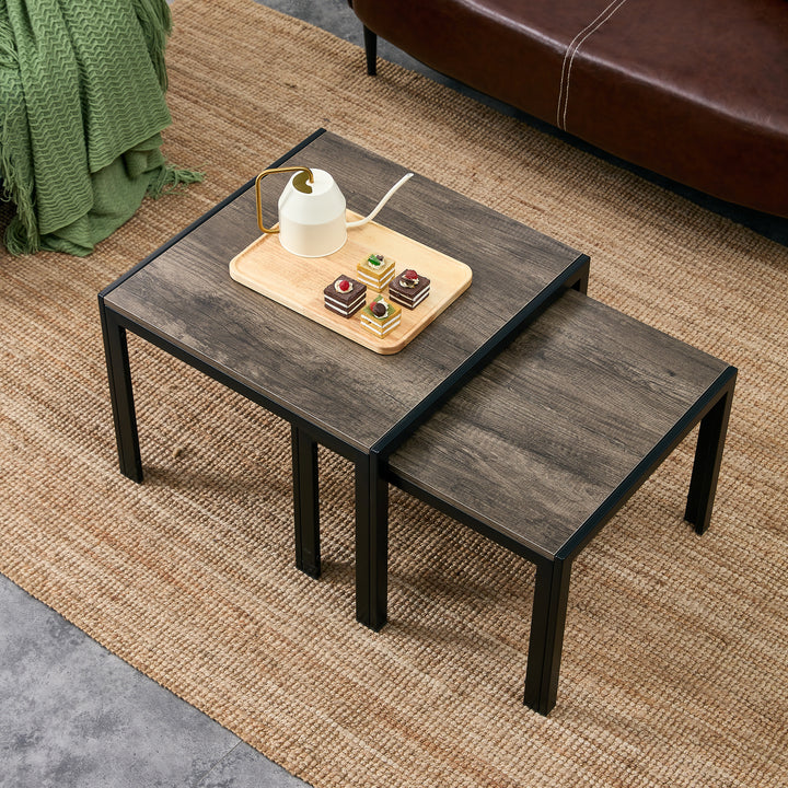 Nesting Coffee Table Set of 2  Square Modern Stacking Table with Wood Finish