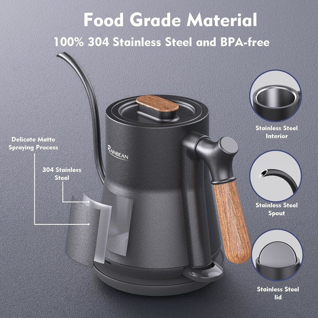 Gooseneck Electric Kettle, Pour Over Coffee Kettle & Tea Kettle, 100% Stainless Steel Inner With Leak Proof Design, 1000w Rapid Heating, Auto Shutoff Anti-dry Protection, 0.8L, Matte Black