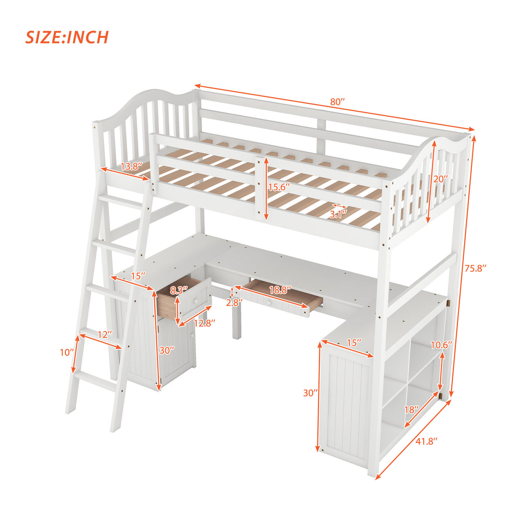 Twin size Loft Bed with Drawers,  Cabinet,  Shelves and Desk,  Wooden Loft Bed with Desk