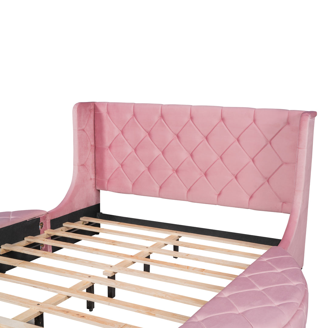 Upholstered Platform Bed Queen Size Storage Velvet Bed with Wingback Headboard and 1 Big Drawer 2 Side Storage Stool