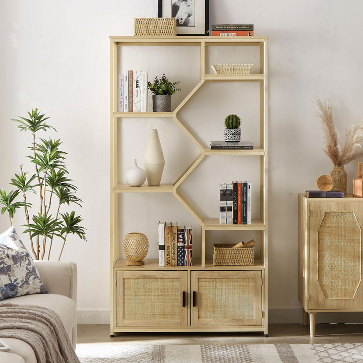 Rattan Bookshelf 5 Tiers Bookcases Storage Rack with Cabinet