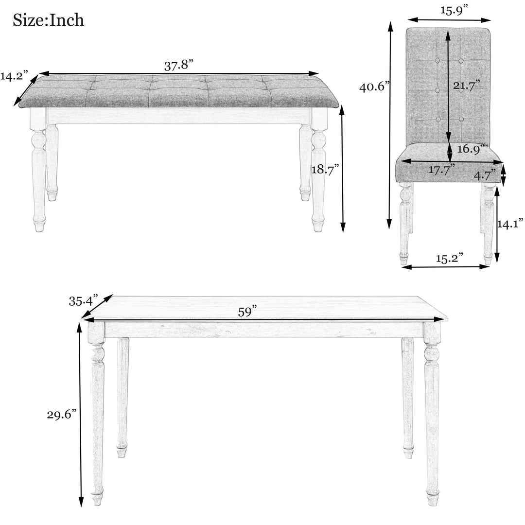 6 Piece Dining Table set with Bench, Wooden Kitchen Table Set with 4 Padded Dining Chairs